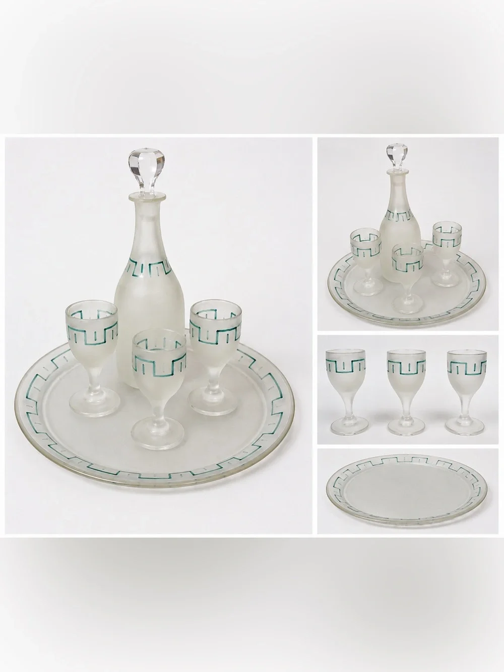 Vintage Frosted Glass Decanter Set Greek Key Tray & 3 Cordial Glasses MCM